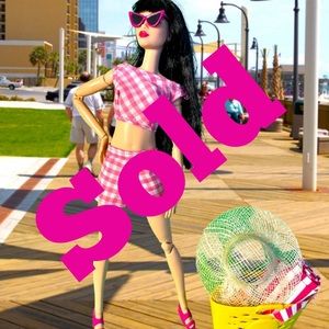 SOLD Pink gingham shorts and crop top for 11.5” Fashion doll and beach blanket